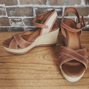 Clarks Nude Leather Platform Wedge Sandals 6.5